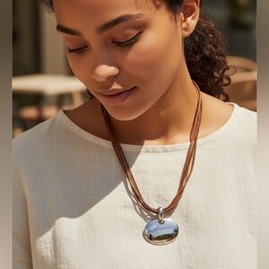 Nine West Gold Oval Pendant Necklace with Brown Cord